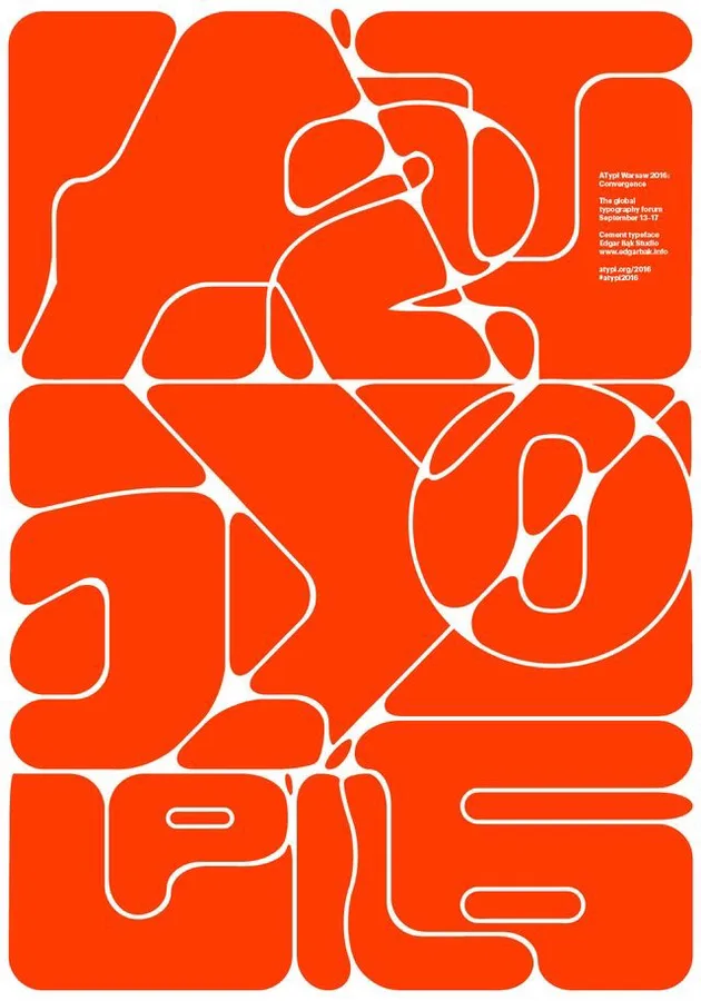 Orange poster filled with heavy rounded letterforms outlined in white, with small text at upper right.