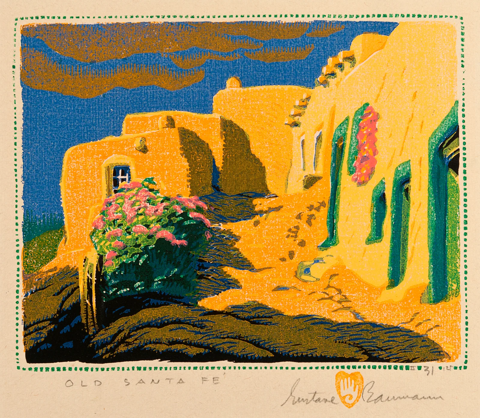 A colour woodblock print of sunlit adobe houses and a flowering bush in yellow, orange and blue, signed and titled Old Santa Fe.