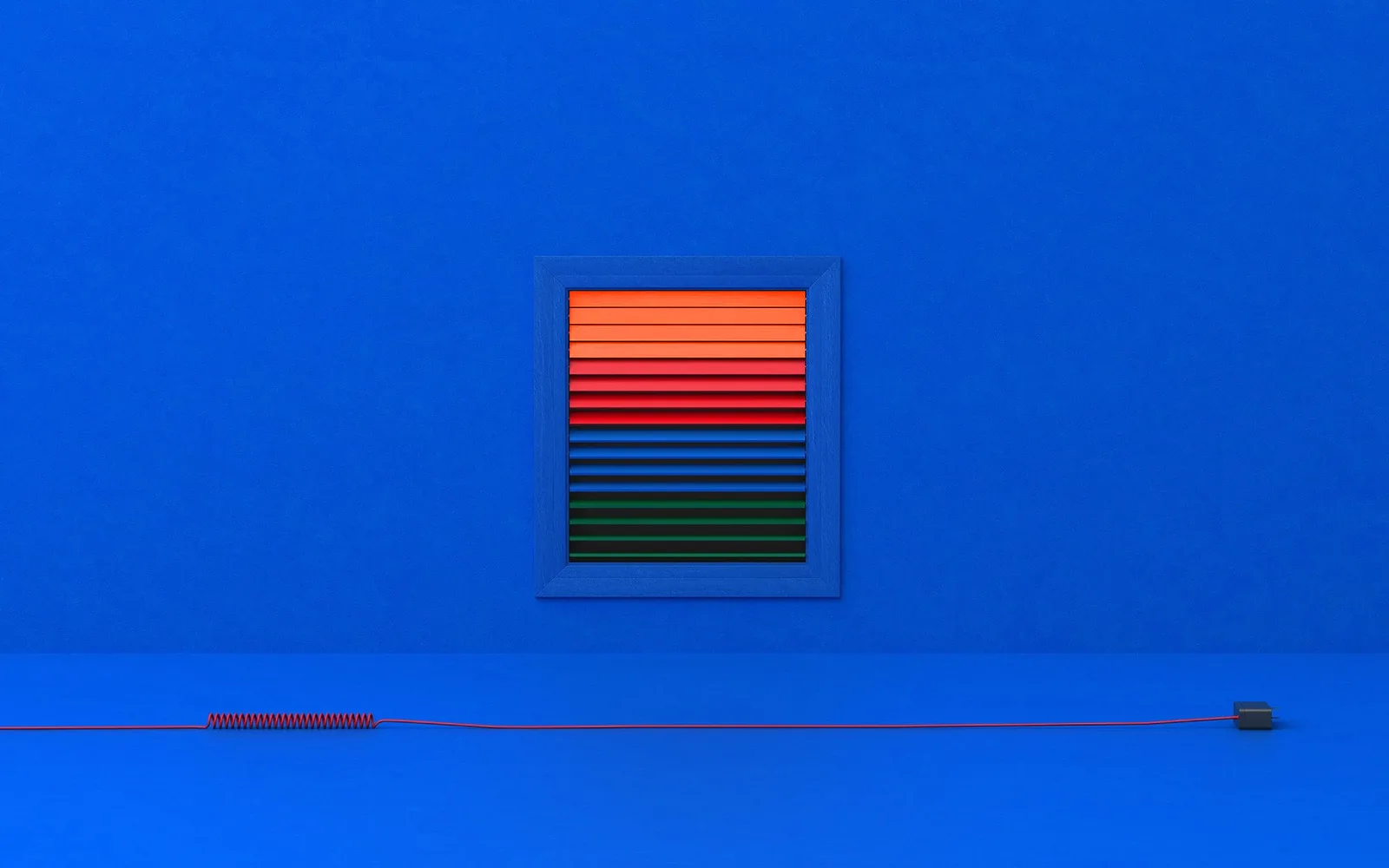 A small striped vent on a flat blue wall, its slats orange, red, blue and green, with a thin red cable along the floor.