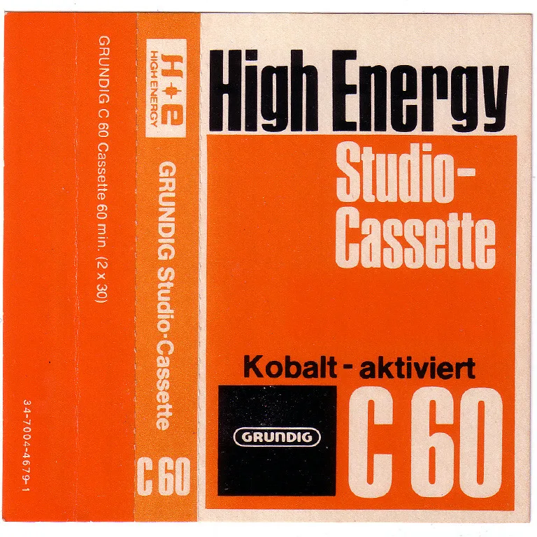 Orange and cream cassette insert for a Grundig C 60 studio cassette: 'High Energy Studio-Cassette' in large black condensed capitals, with a black Grundig logo box at the bottom.