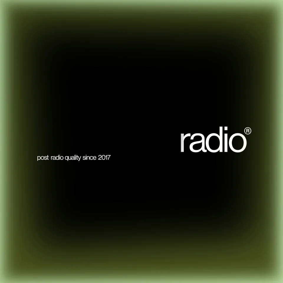 A near-black square with a soft olive-green glow at its edge, the word radio with a registered mark in white at the right, and the line post radio quality since 2017 at the left.
