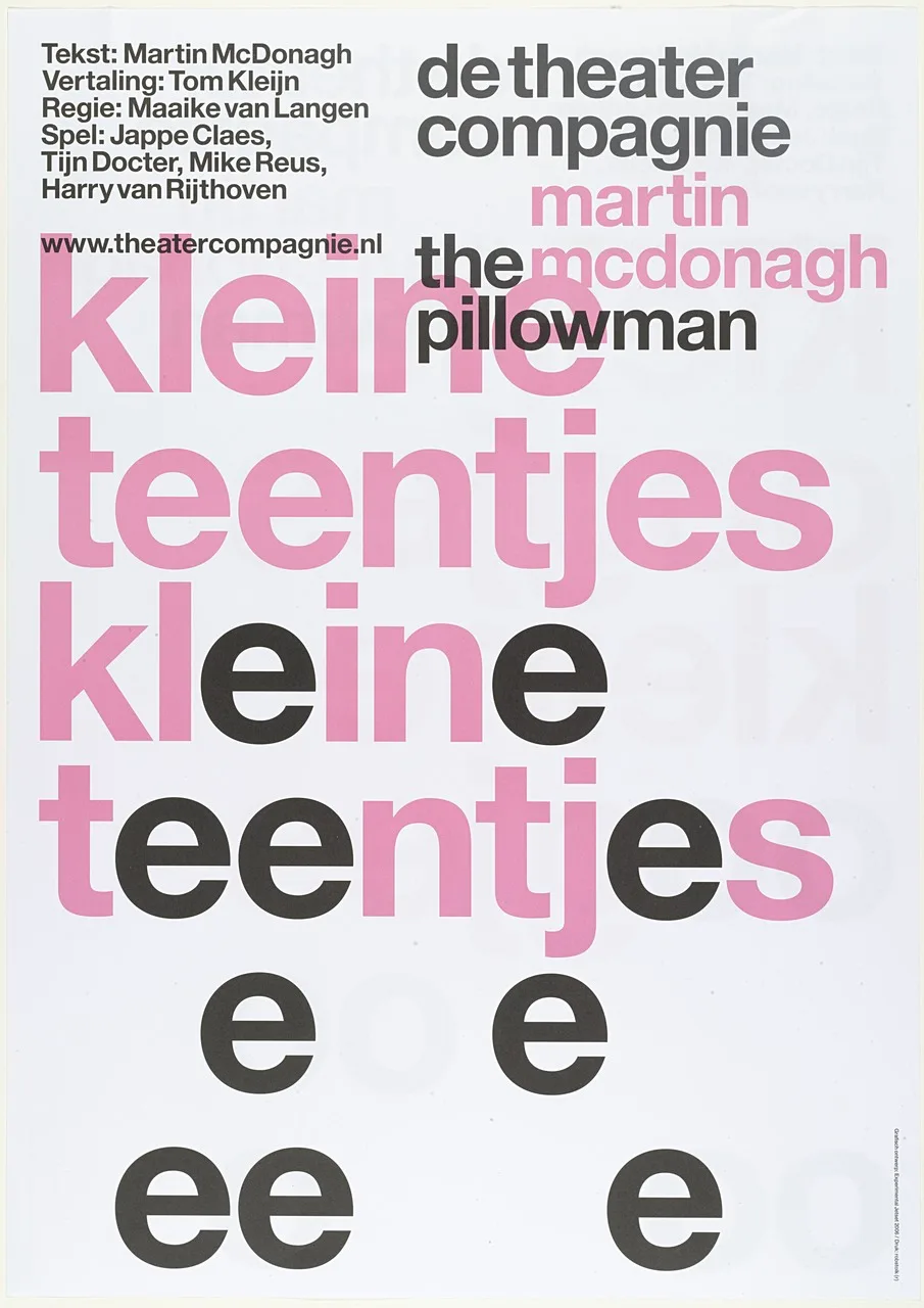 Theatre poster where the words "kleine teentjes" repeat in pink and black, dropping letters one by one.