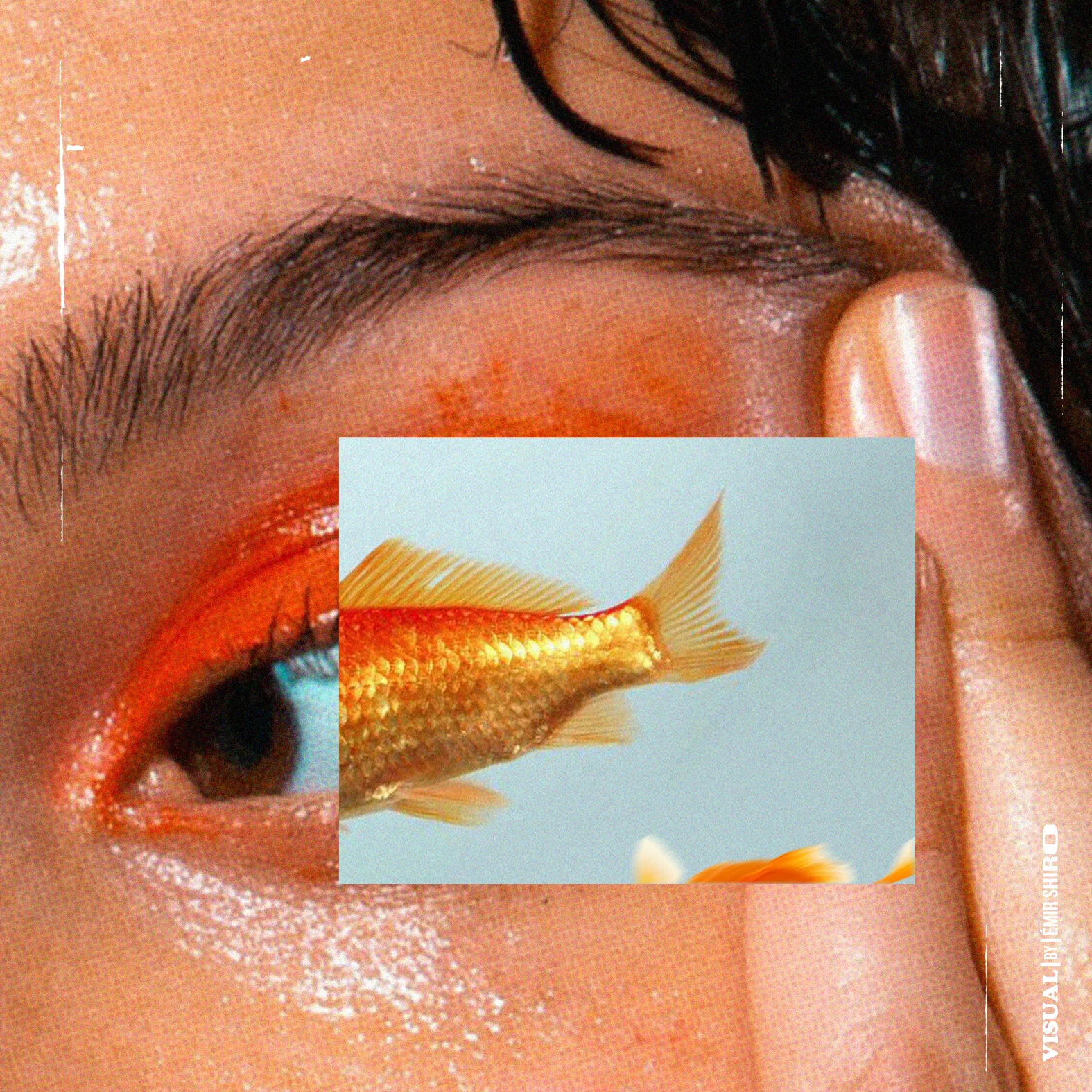 A close-up of a face with orange eye makeup, and a rectangle cut into it showing a goldfish against pale blue, as if seen through the skin.