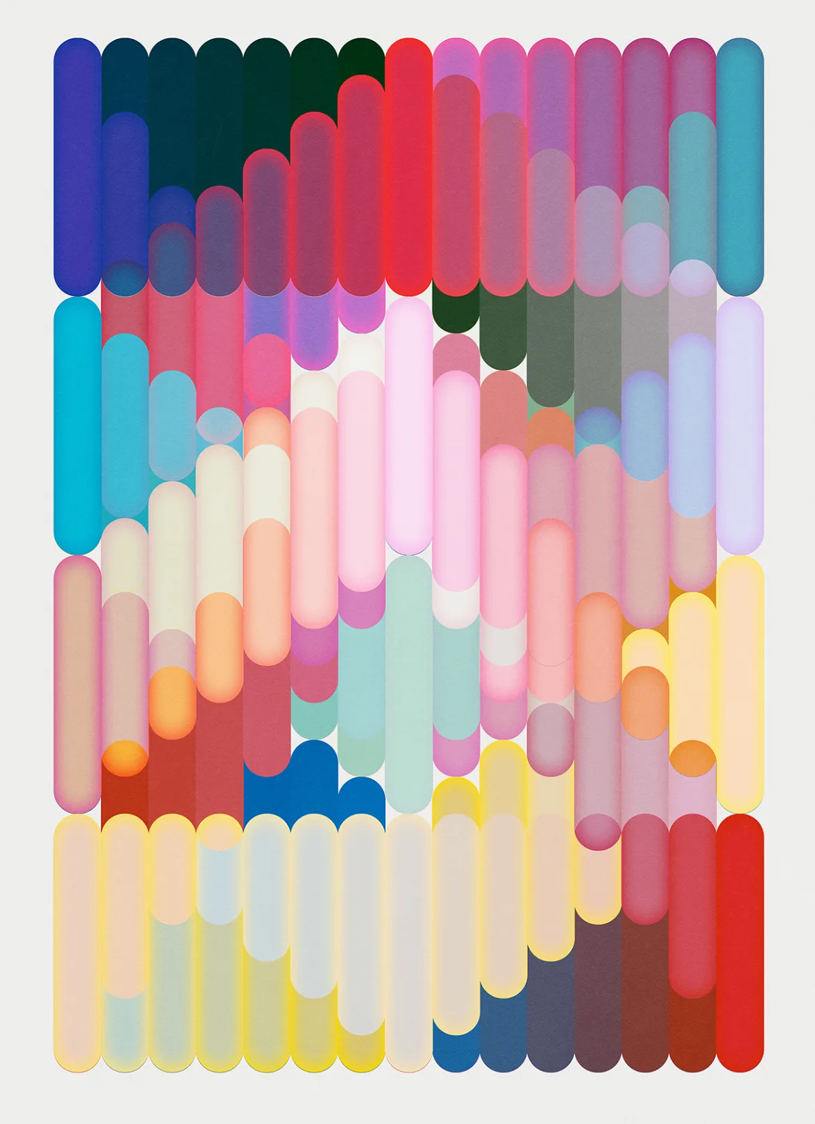 Rows of tall rounded bars in overlapping translucent blues, reds, pinks, yellows and creams on a pale grey ground, like layered pills.