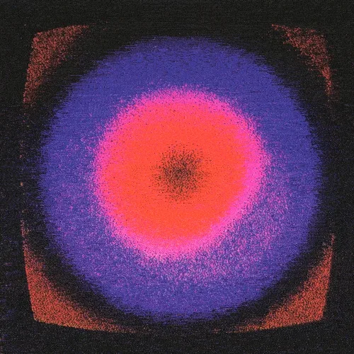 Grainy circular glow, red at the centre, shading to pink and purple, on black with orange corners.