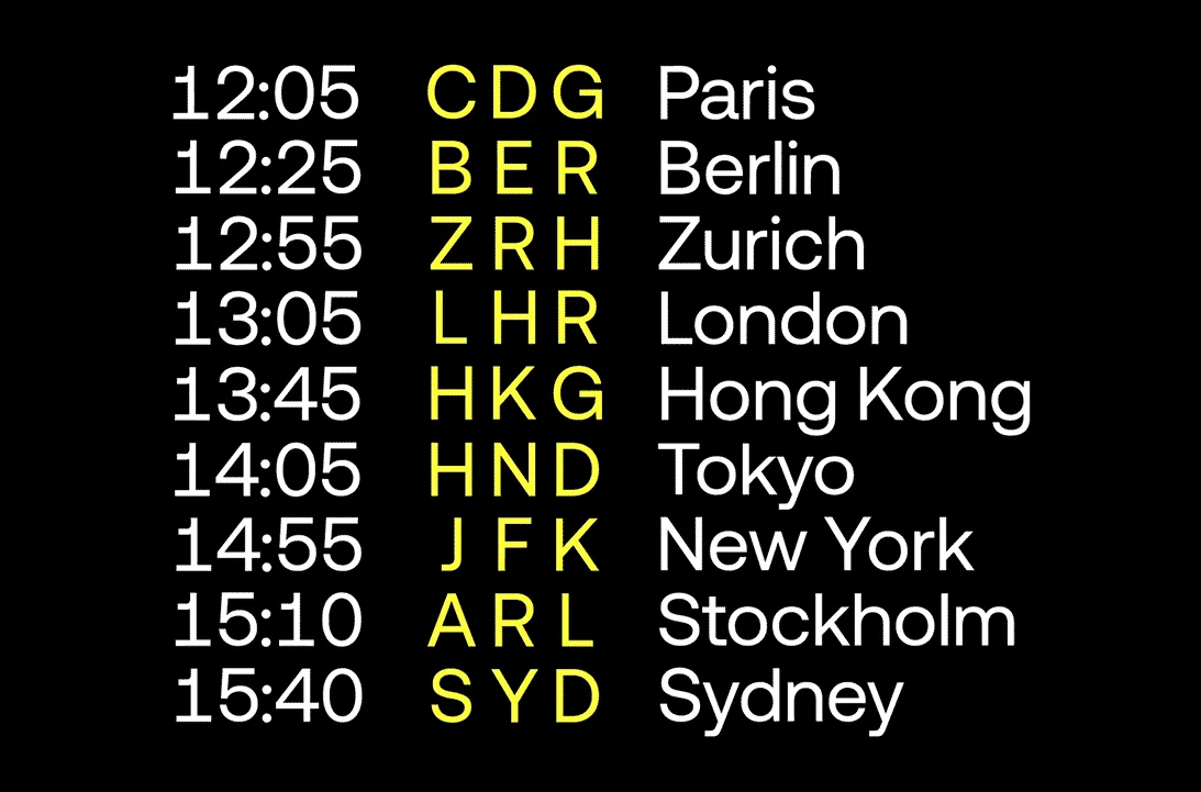 Departures board on black: times in white, yellow airport codes (CDG, BER, ZRH) and city names.