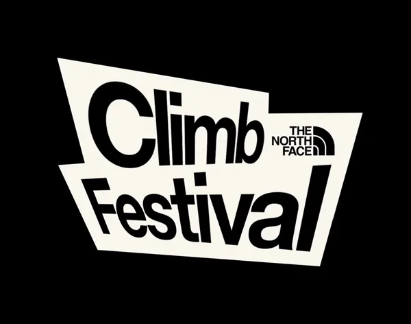 Cream speech-bubble badge on black with heavy black lettering: Climb Festival, and The North Face logo at the right.