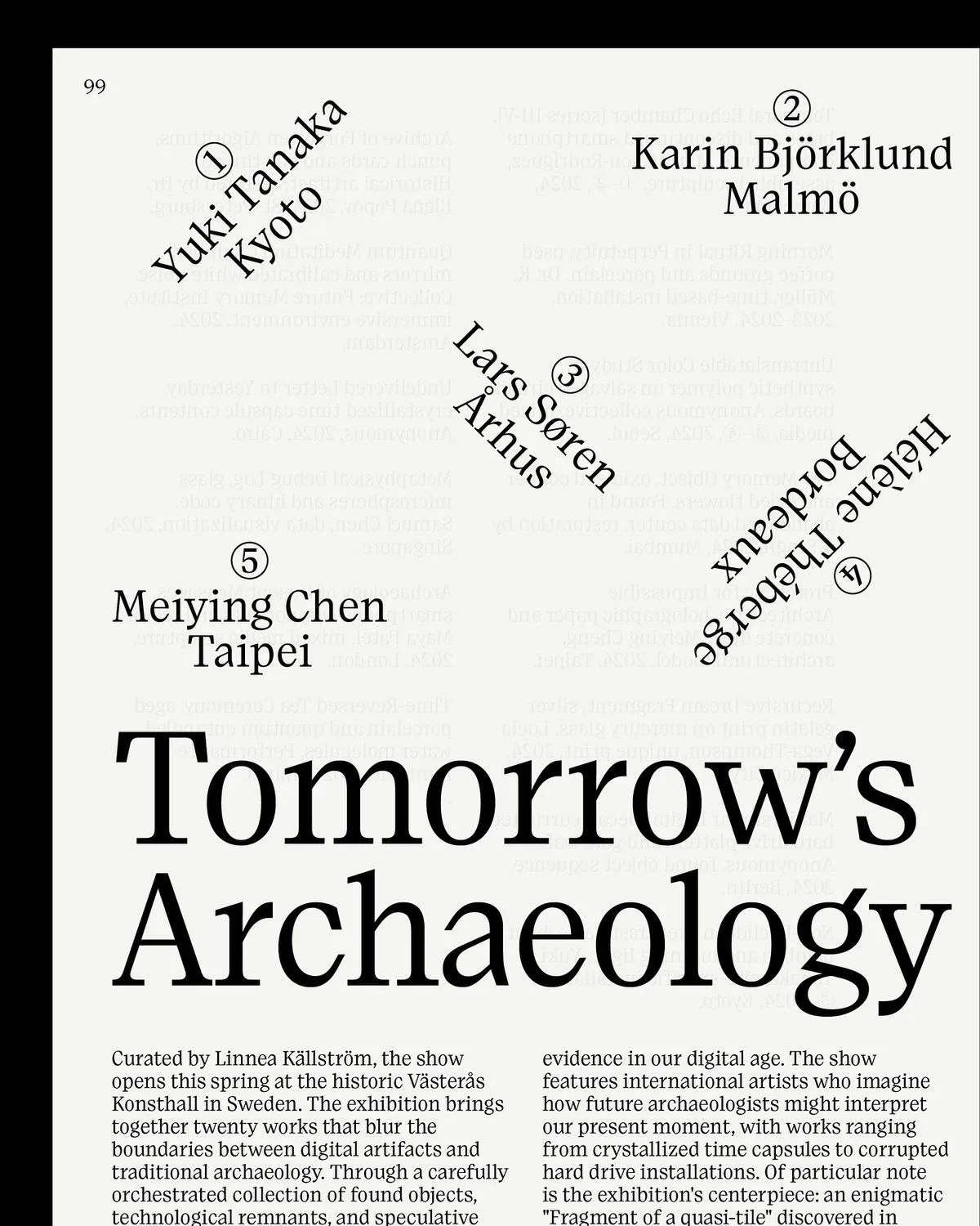 Magazine page 99: the title Tomorrow's Archaeology in large black serif type, with five artists' names and cities set at angles above and faint mirrored text showing through.