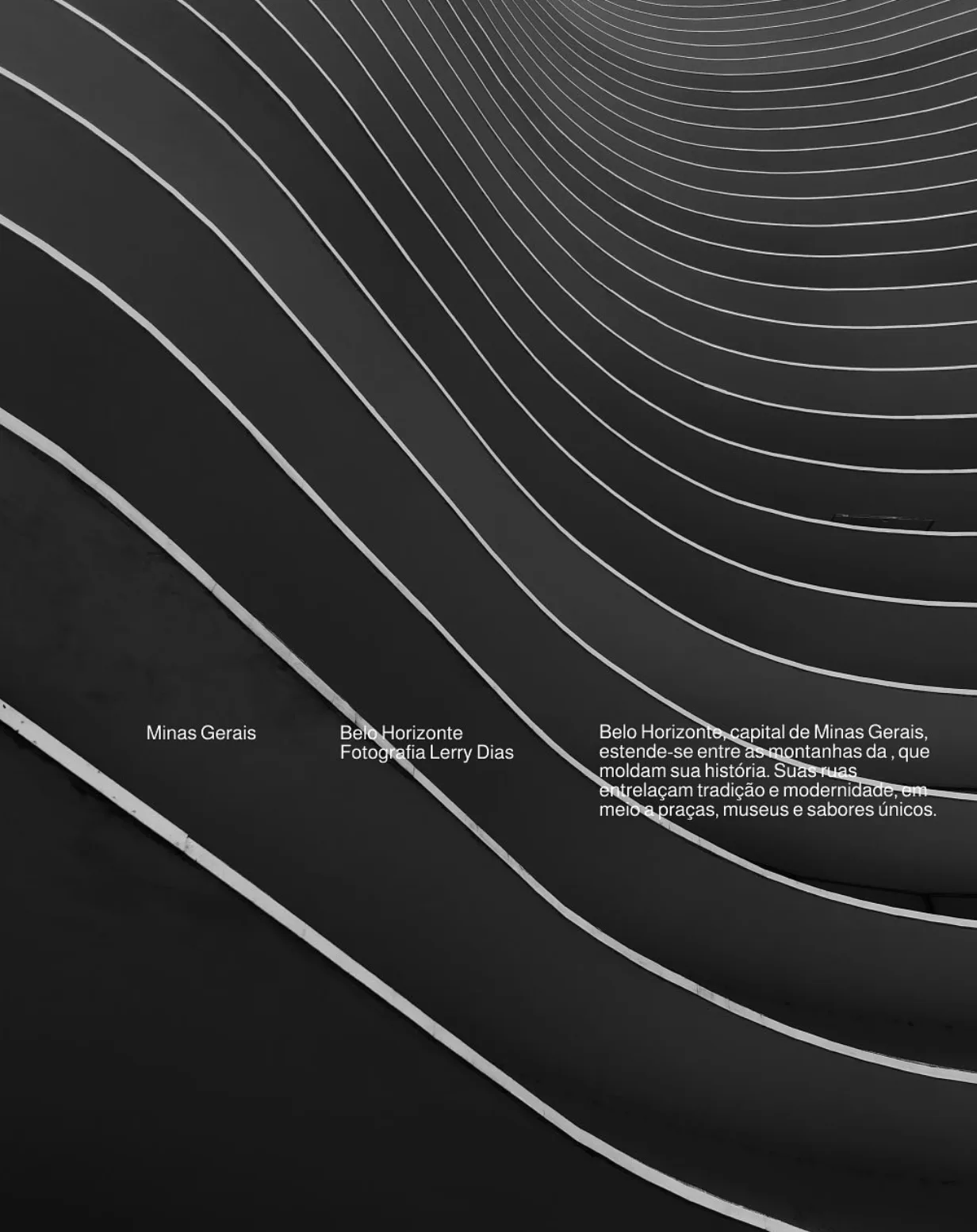 Dark curved lines sweeping across a black photograph, with three small text blocks set across the middle.