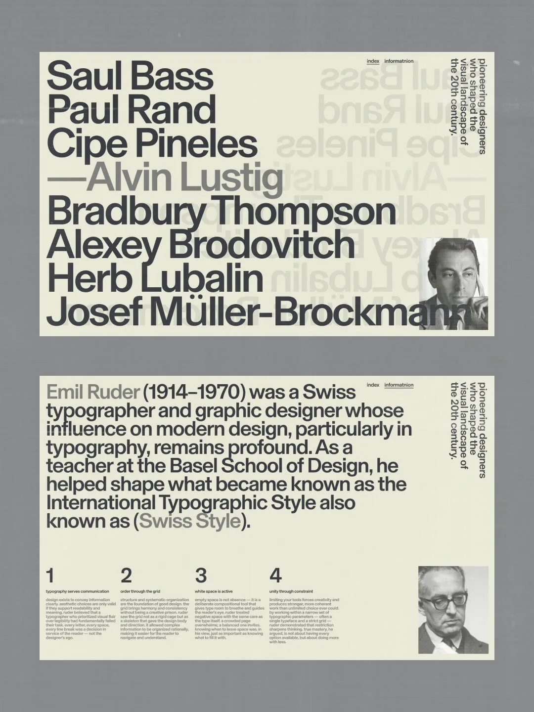 Two web page designs on a grey ground: one lists famous modernist designers in large tight type, the other sets a paragraph on Emil Ruder above four numbered columns.