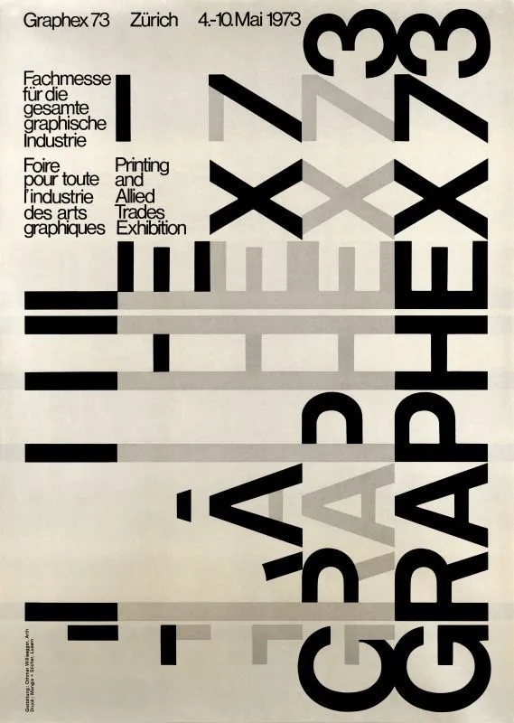 Graphex 73 poster, Zurich, 1973: giant black and grey letters spelling GRAPHEX 73 overlap and turn sideways on a pale grey ground, with small multilingual text at the top left.