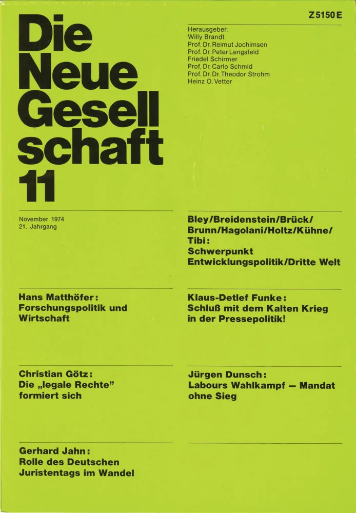 Cover of the magazine Die Neue Gesellschaft, November 1974: a heavy black title at top left on lime green, with article titles in bold type in two columns below thin rules.