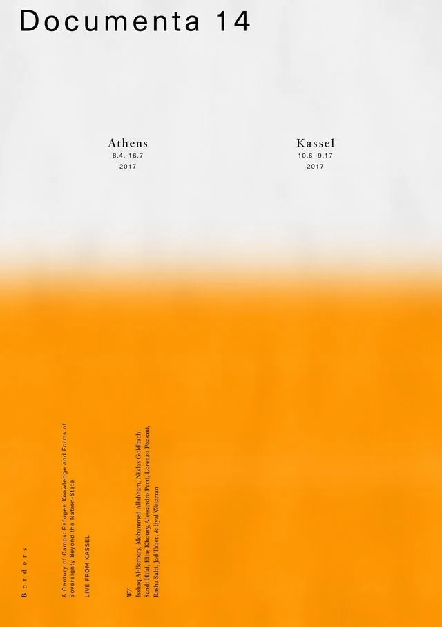 Documenta 14 poster, 2017: a white field fading into a blurred orange block, with a widely spaced title at the top, Athens and Kassel in a small serif, and sideways text at the lower left.
