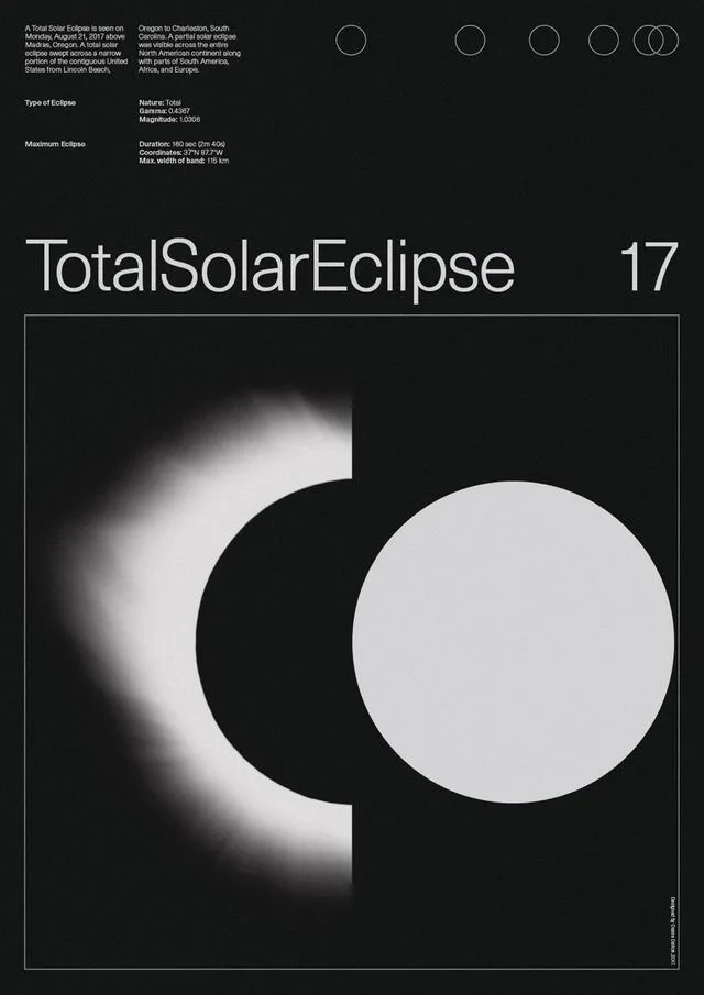 Total Solar Eclipse poster on black: a light grotesque title with the number 17, small columns of facts at the top, and a framed picture of a glowing crescent beside a pale disc.