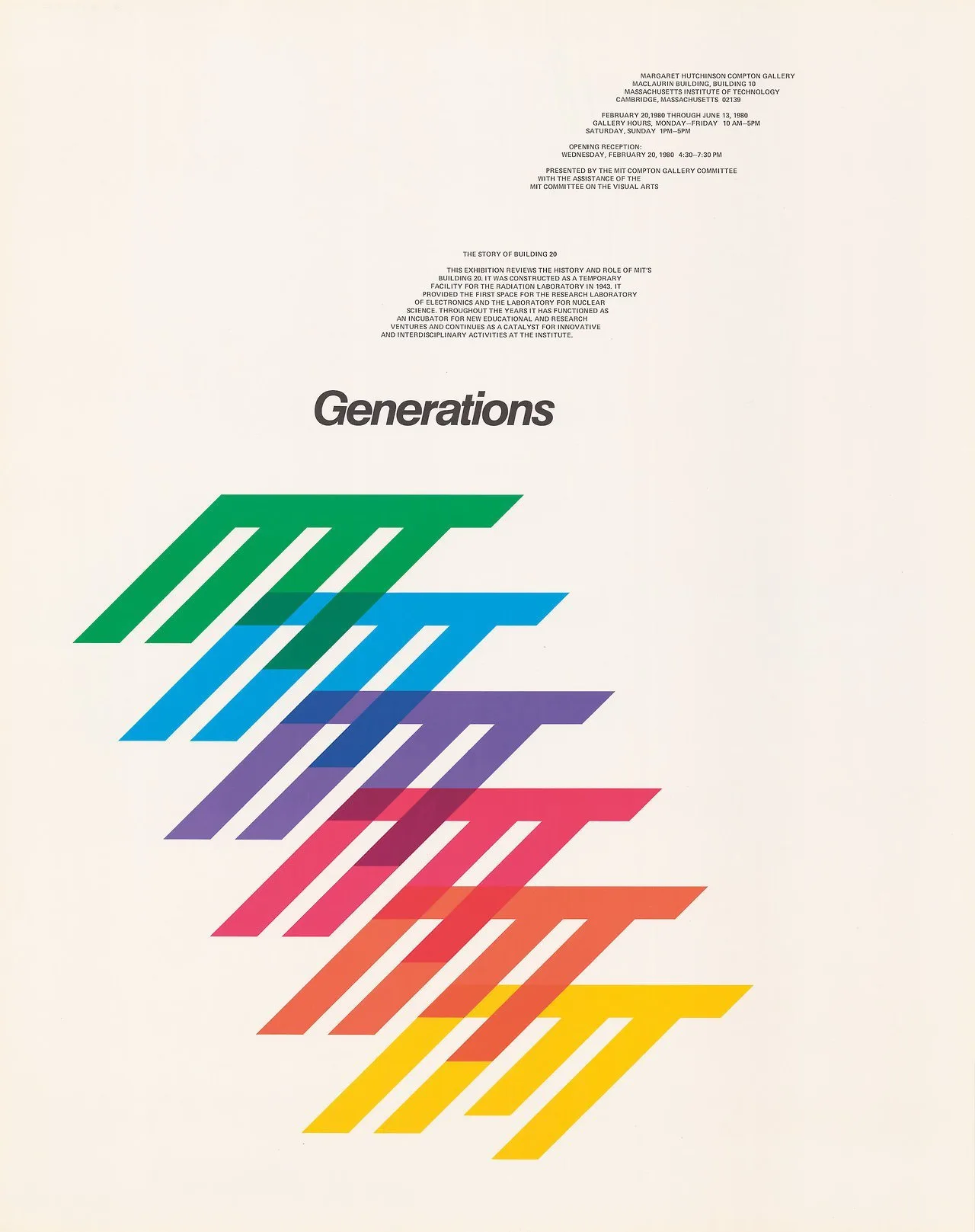 Generations poster for an MIT gallery exhibition, 1980: slanted, overlapping shapes in green, blue, purple, pink, orange and yellow, with the title and small lines of text above on cream.