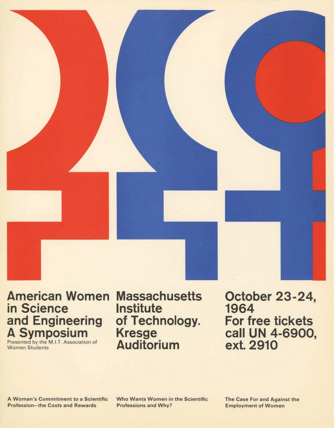 1964 poster for an MIT symposium on American women in science: large red and blue abstract symbols above three columns of black text, on cream.