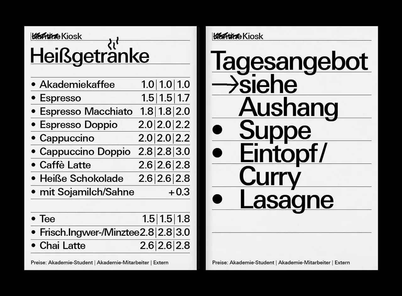 Two white kiosk menu sheets on black: a drinks price list with ruled lines on the left, and a large "Tagesangebot" daily special list with bullets on the right.