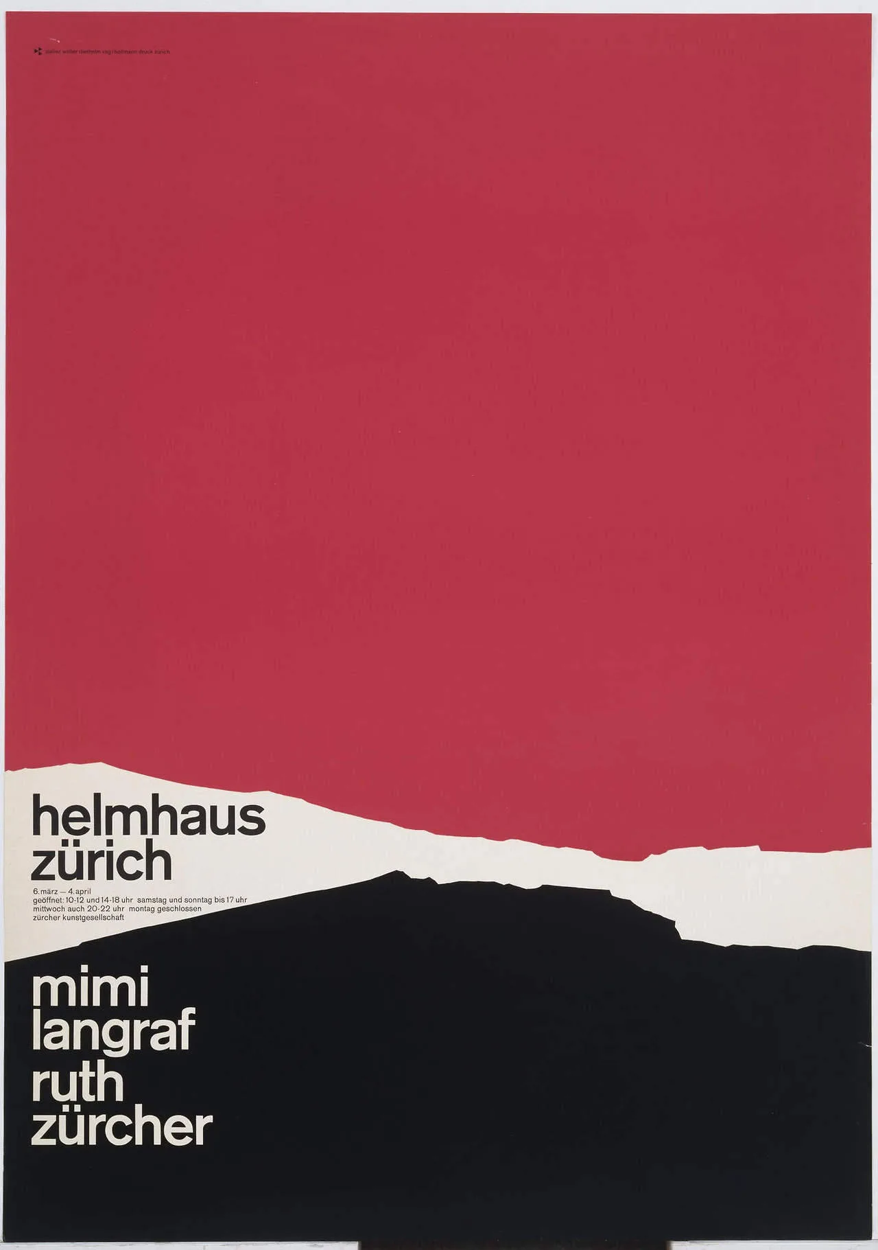 Helmhaus Zürich poster: a huge red field over a torn-paper edge in white and black, with the gallery name and the artists' names in lowercase type at the lower left.