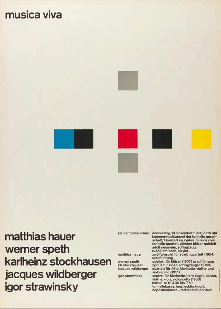 Musica viva concert poster on off-white: a cross of small squares in blue, black, red, grey and yellow, the title at top left and a column of names at the bottom.