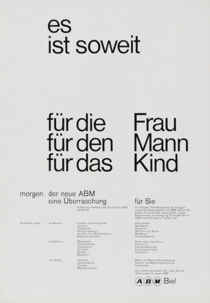 ABM Biel poster, 1963: es ist soweit at the top, then für die Frau, für den Mann, für das Kind in two columns, with columns of small print below.