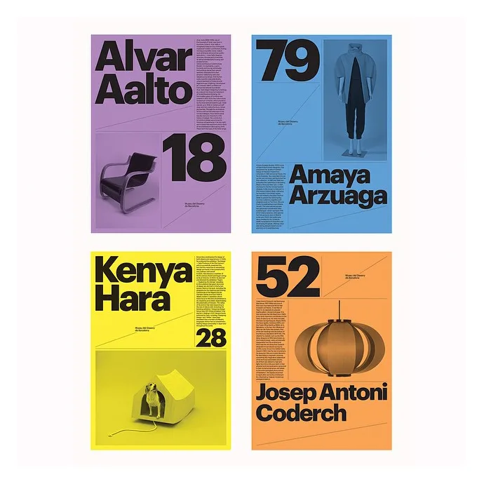 Four museum cards in a grid, in purple, blue, yellow and orange, each with a designer's name and a number in large black type beside a photo of their work.