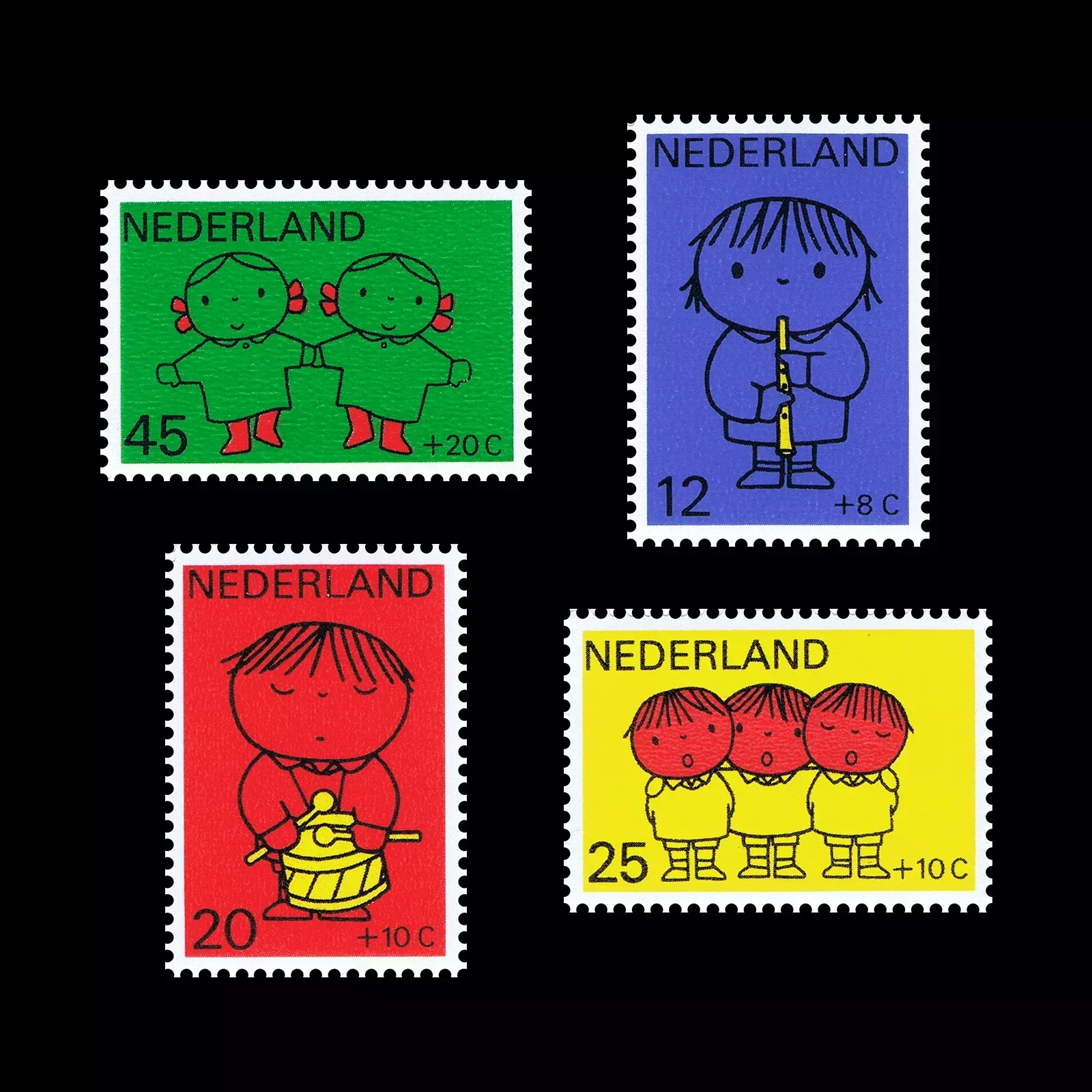Four Dutch postage stamps on a black ground: simple drawings of children in green, blue, red and yellow, each with Nederland and the value in white type.
