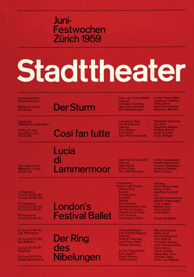 A red Swiss-style theatre poster: 'Stadttheater' in large white letters above a ruled schedule of operas and ballets in black.