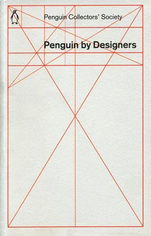 A paperback cover: pale grey paper crossed by thin red construction lines, with the title 'Penguin by Designers' in small black type at the top.