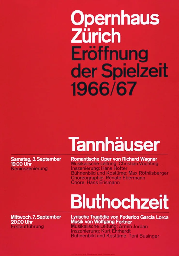 A red opera poster: 'Opernhaus Zürich' in large white and black type at the top, with two performances listed in white below.