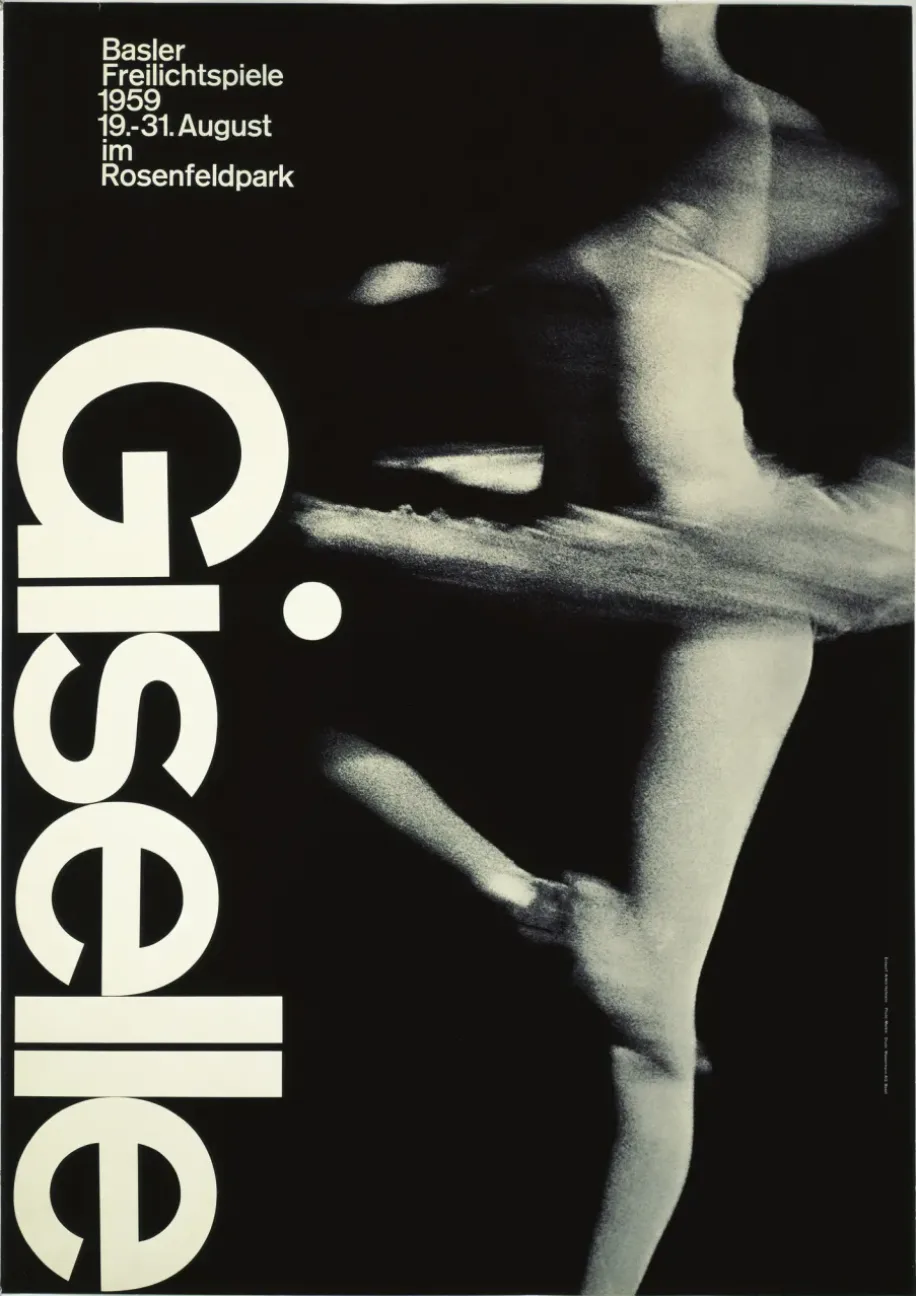 Giselle poster for the Basler Freilichtspiele, 1959: a blurred dancer in white on black, with the title in large white type turned sideways at the left.