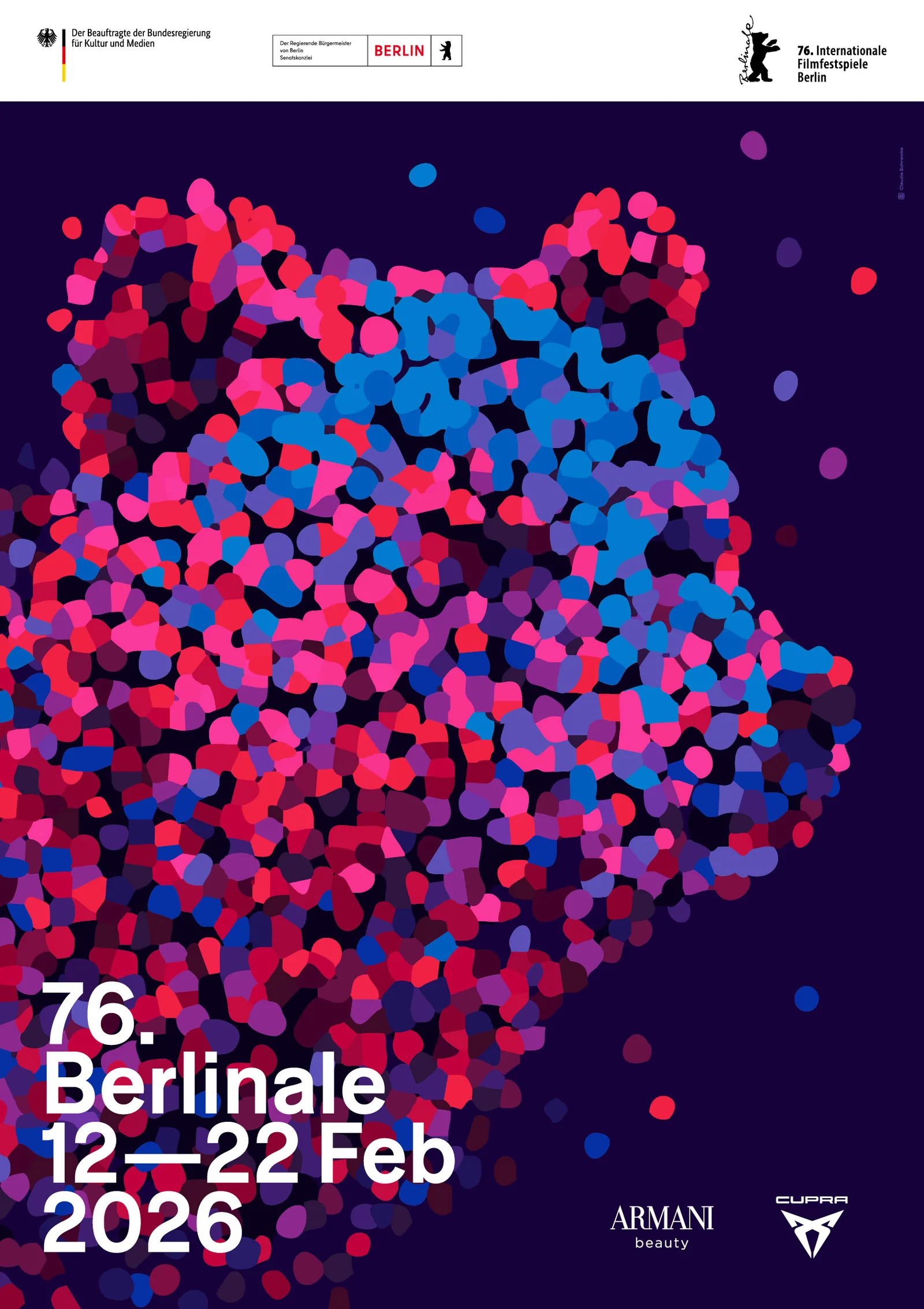 A Berlinale 2026 film festival poster: a bear's head built from pink, red and blue blobs on dark navy, with '76. Berlinale 12–22 Feb 2026' in white at the bottom left.