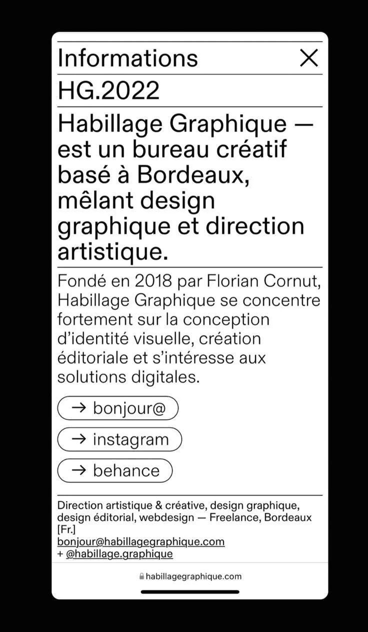 A phone screenshot of a French design studio's information page: a black frame, a white card with ruled rows, a statement in light grotesque type, and three pill-shaped link buttons.