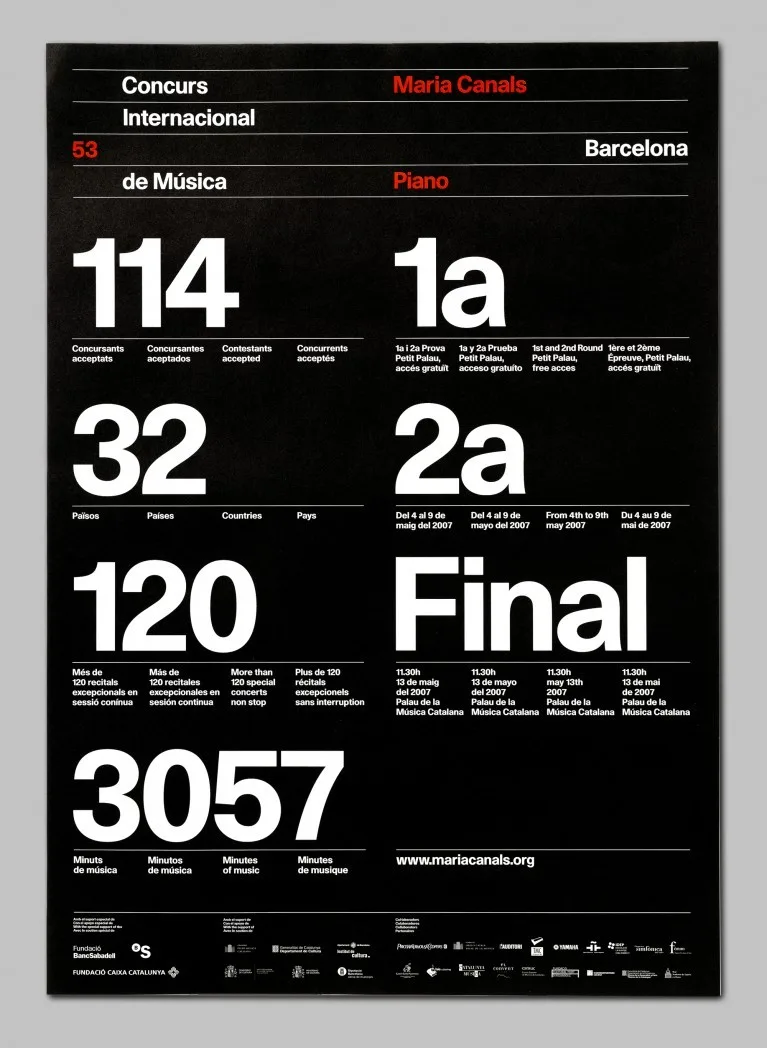 A black poster for a piano competition: huge white figures (114, 32, 120, 3057, 1a, 2a, Final), each with four-language captions below, and a red heading line at the top.