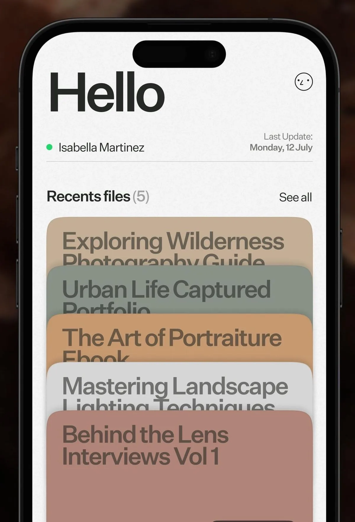 Phone screen mockup with a large Hello and a stack of overlapping tan, green, orange and pink file cards.