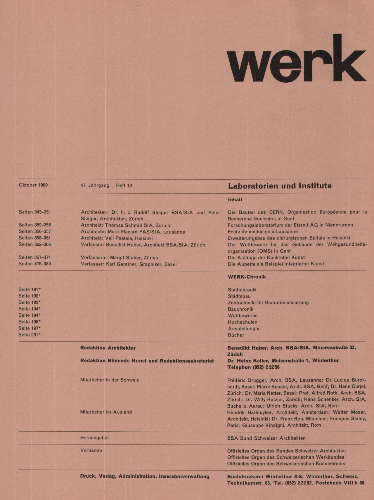 Cover of the Swiss magazine Werk, October 1960: a heavy black werk wordmark on dusty pink, over ruled columns of contents in German.