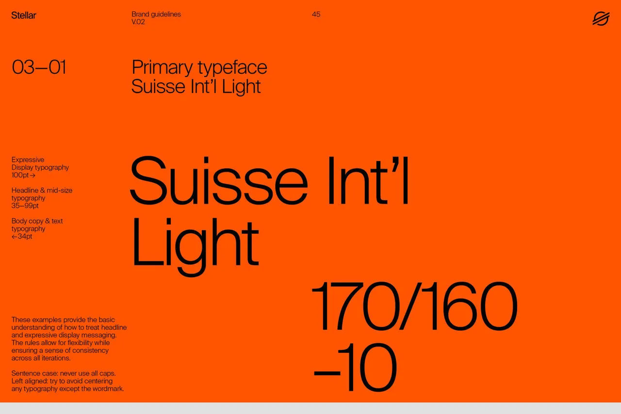 Stellar brand guidelines page on bright orange: the primary typeface named as Suisse Int'l Light, shown in huge black type with sizes.
