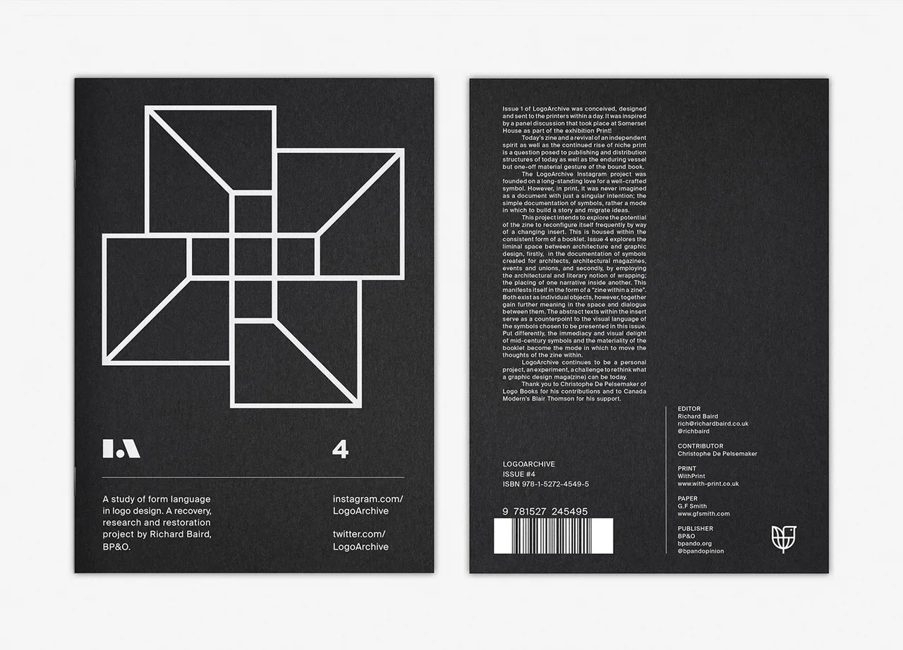 Front and back of LogoArchive issue 4, a black zine: a white interlocking line symbol on the cover and justified text, credits and a barcode on the back.