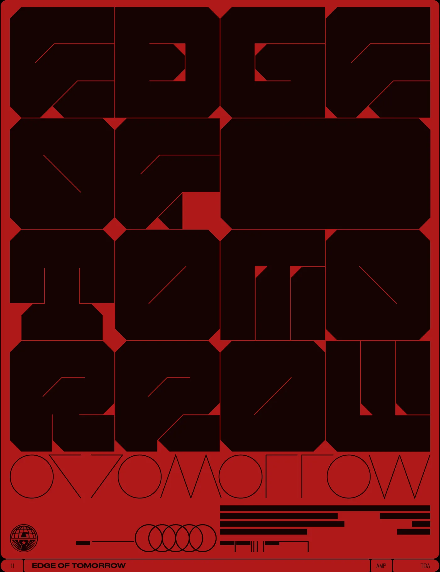 Edge of Tomorrow poster: blocky black letters filling a red page, with a thin outline alphabet under them and small text at the bottom.