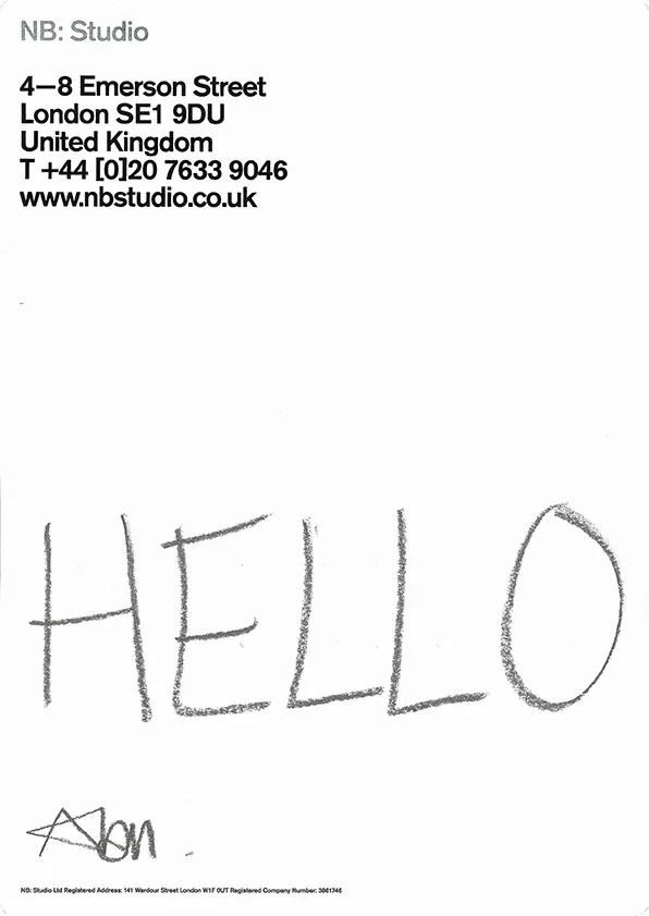 NB: Studio letterhead with the address in black type, and HELLO written in pencil across the middle of the page with a scribbled signature.