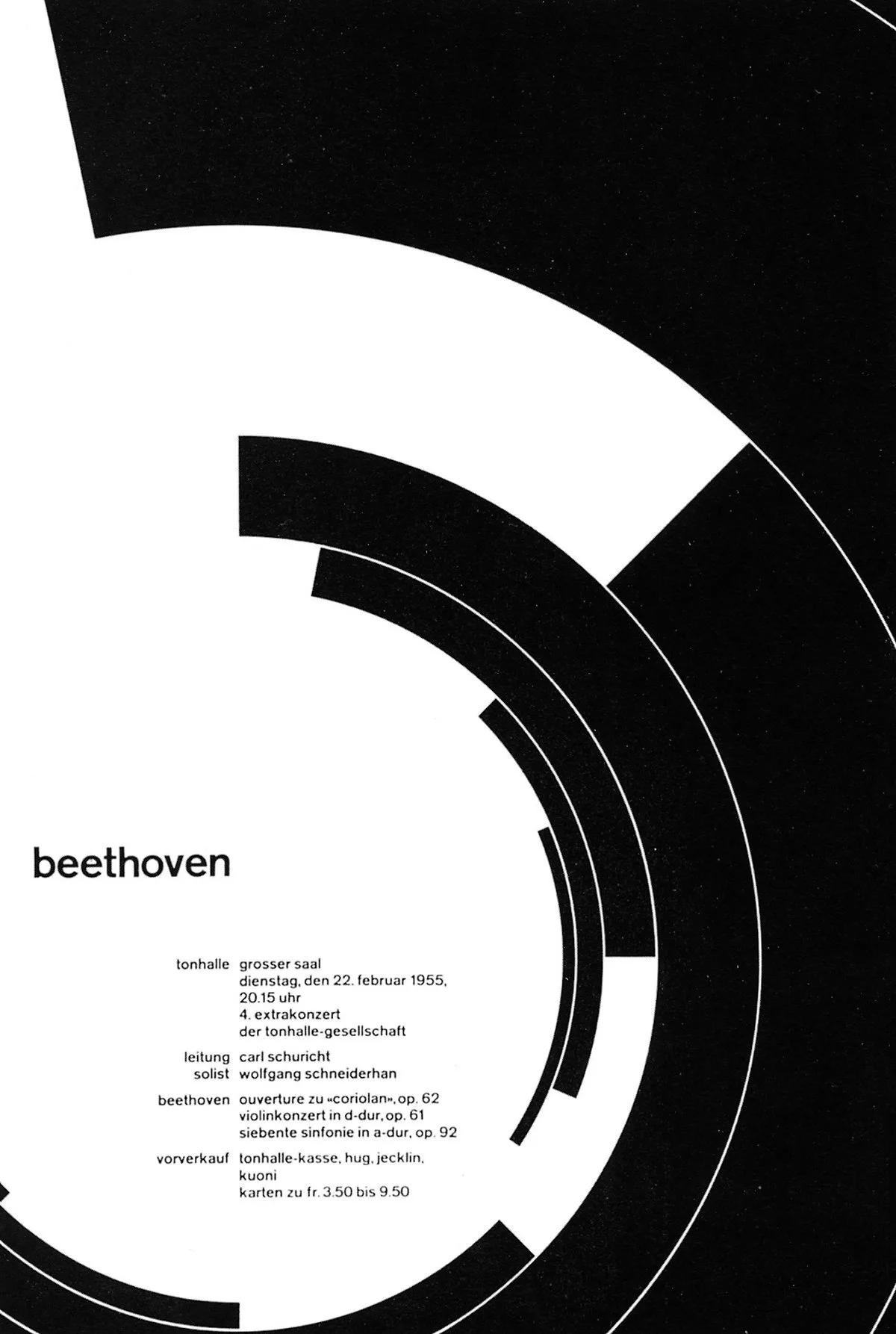 Beethoven concert poster, Tonhalle, 1955: black arcs and a large white circle, with the title in small lowercase type and the programme in columns.