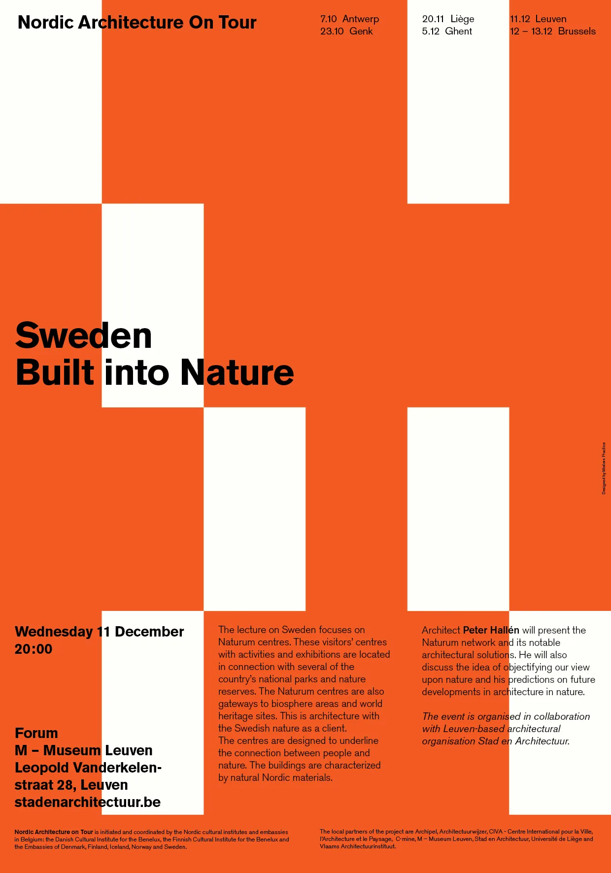 Nordic Architecture On Tour poster for the Sweden Built into Nature lecture: orange and white blocks make a large H, with black type and small columns of text below.