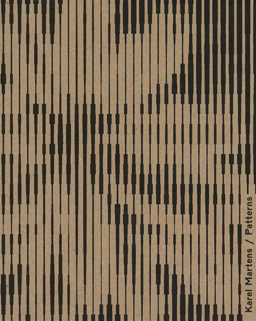 Cover of Karel Martens, Patterns: black vertical lines of changing thickness printed on brown kraft paper, with the title running up the right edge.