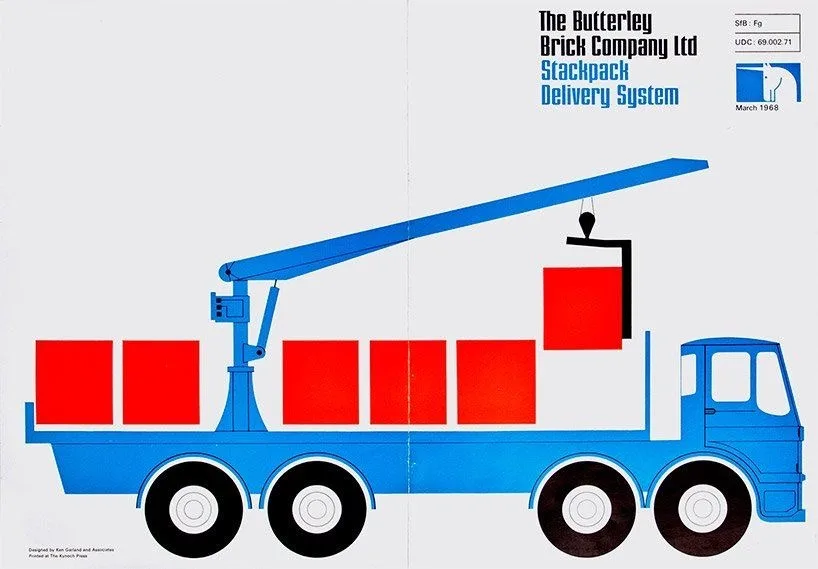 Brochure cover for The Butterley Brick Company, Stackpack Delivery System, March 1968: a flat blue crane lorry carrying red blocks, with the title in black and blue type at the top right.
