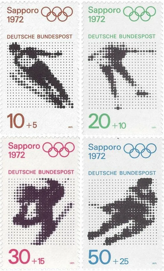 Four German postage stamps for the Sapporo 1972 Winter Olympics: black halftone dot figures of athletes, with the value and the Olympic rings in brown, green, pink and blue.