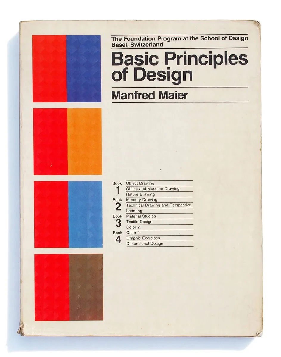Cover of Basic Principles of Design by Manfred Maier: a cream cover with four pairs of colour blocks, red beside blue, orange, light blue and brown, and a list of the four books.