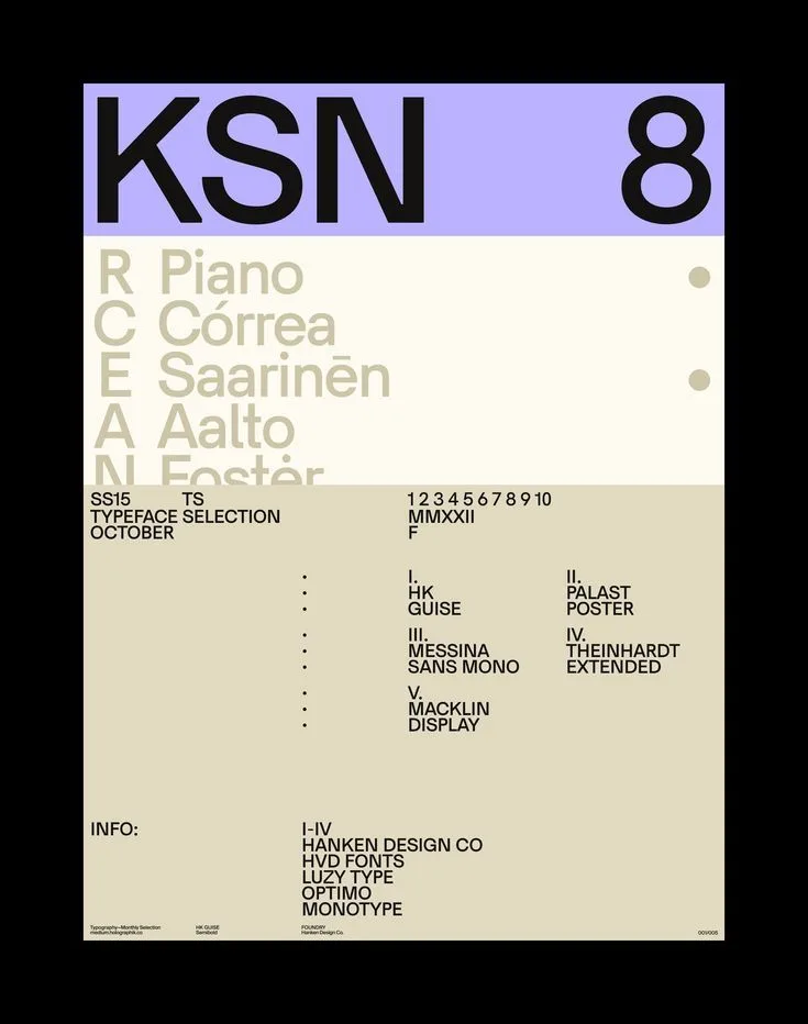 KSN 8 typeface selection poster: a lilac band with huge black KSN 8, a cream band of architects' names in tan type, and a beige block of small type listing typefaces and foundries.