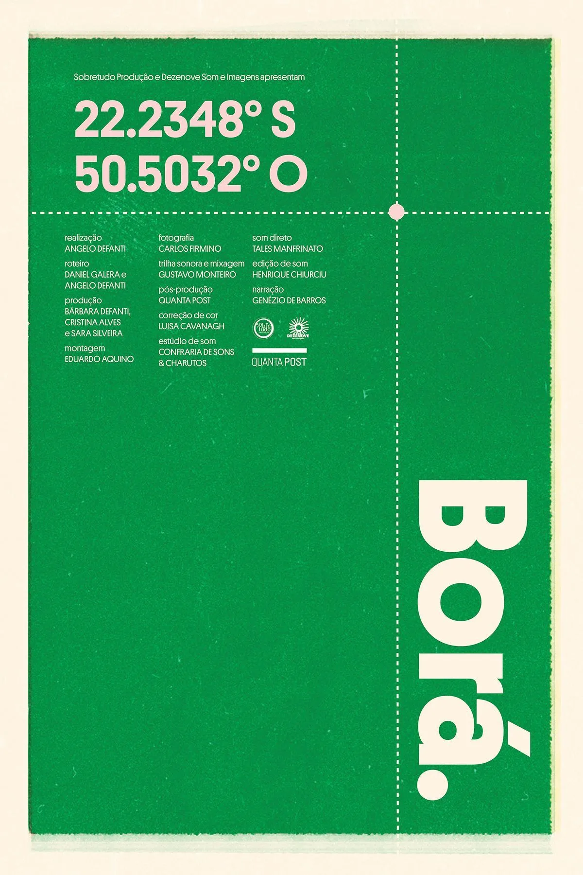 Poster for a film titled Borá: a green sheet with dashed crosshair lines, coordinates in pink at the top, credits in small type, and the title in huge cream letters running up the right side.