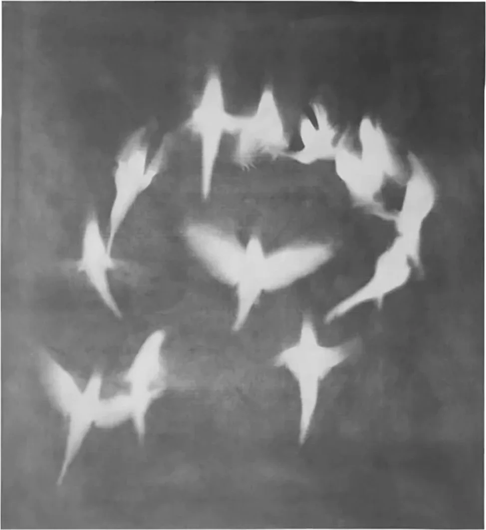 Ghostly white bird shapes circling in a ring against a misty grey background.