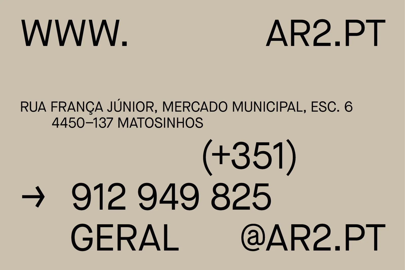 Beige card with a website, an address in Matosinhos and phone numbers in black type, with an arrow pointing to the number.