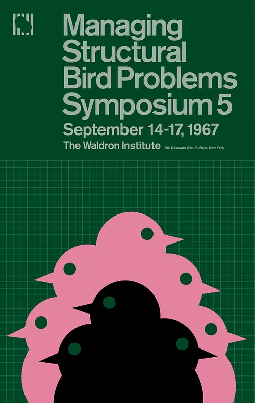 Poster in green with pink and black birds stacked in a pile under an event title set in pale grotesque type.